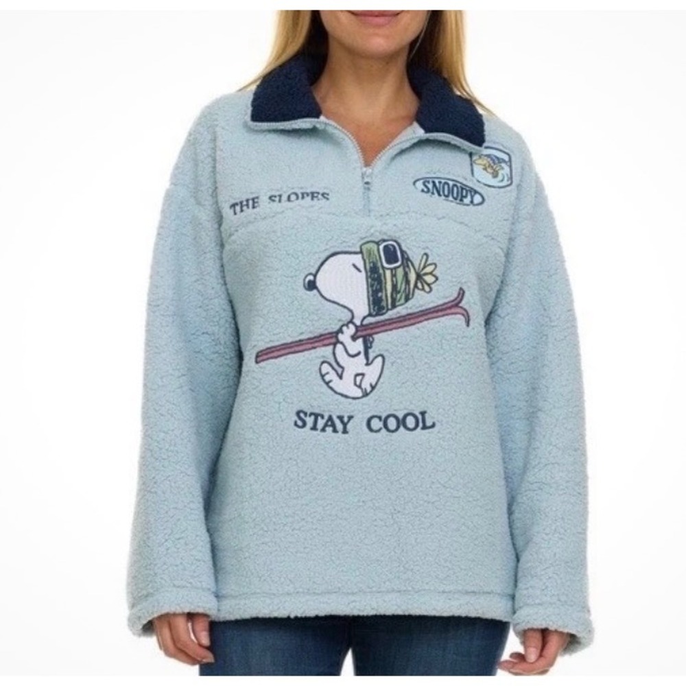 Peanuts Snoopy Stay Cool Skiing Sherpa Fleece Quarter Zip Pullover Blue Medium